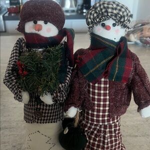 Festive Snowman Couple Decor with Plaid Accents